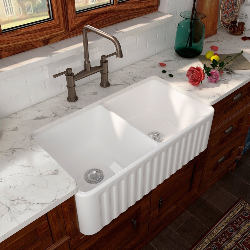 24''30" 33" Kitchen Sink Rectangular White Ceramic Apron Farmhouse Sinks W/ Grid