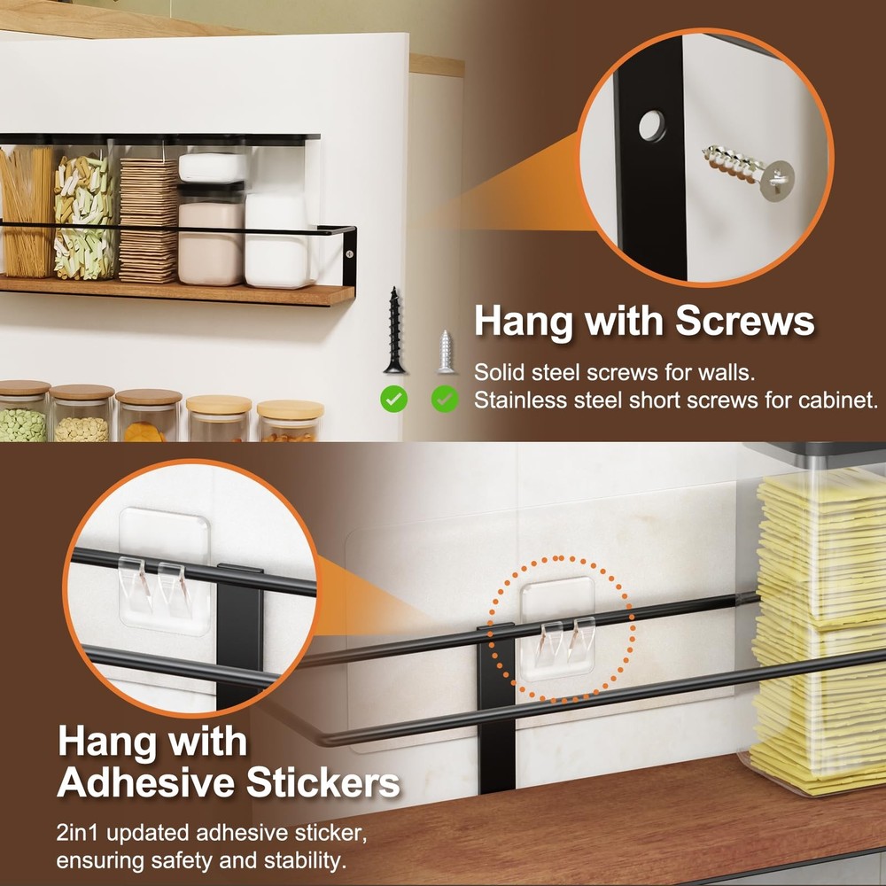 Spice Rack Self-Adhesive or drilling, Rustic Style Hanging Rack, Organization