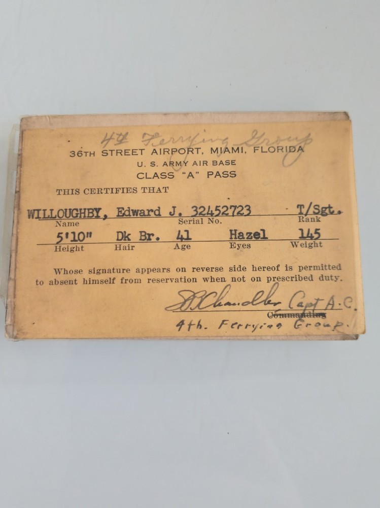  U.S. Army Air Base Class "A" Pass for Technical Sergeant Edward J. Willoughby