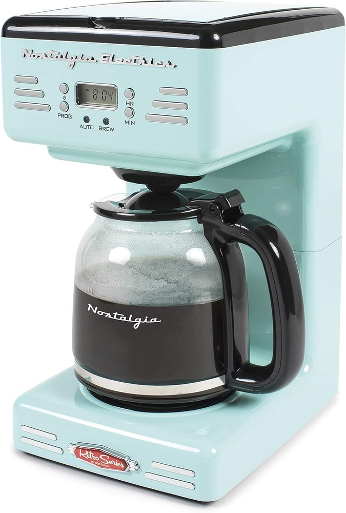 Retro-style 12-cup programmable coffee machine with LED display,light blue color