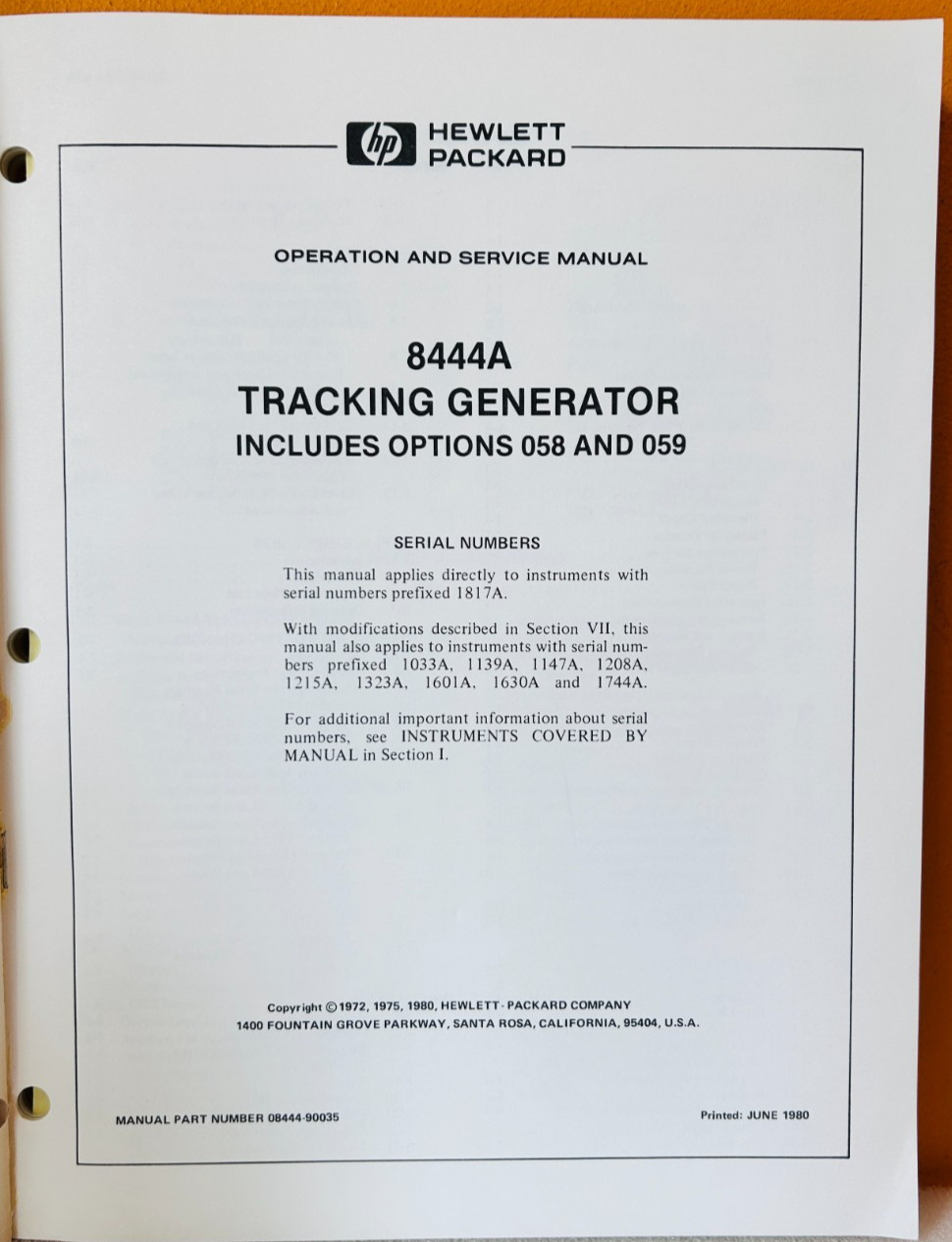 HP 08444-90035 Model 8444A Tracking Generator Operating & Service Manual.
