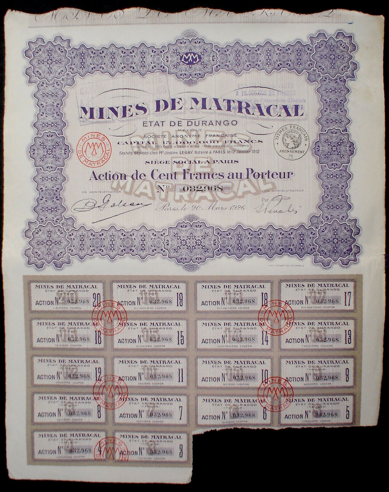 Mexico 20 x Mexican Stocks & Bonds uncancelled + coupons