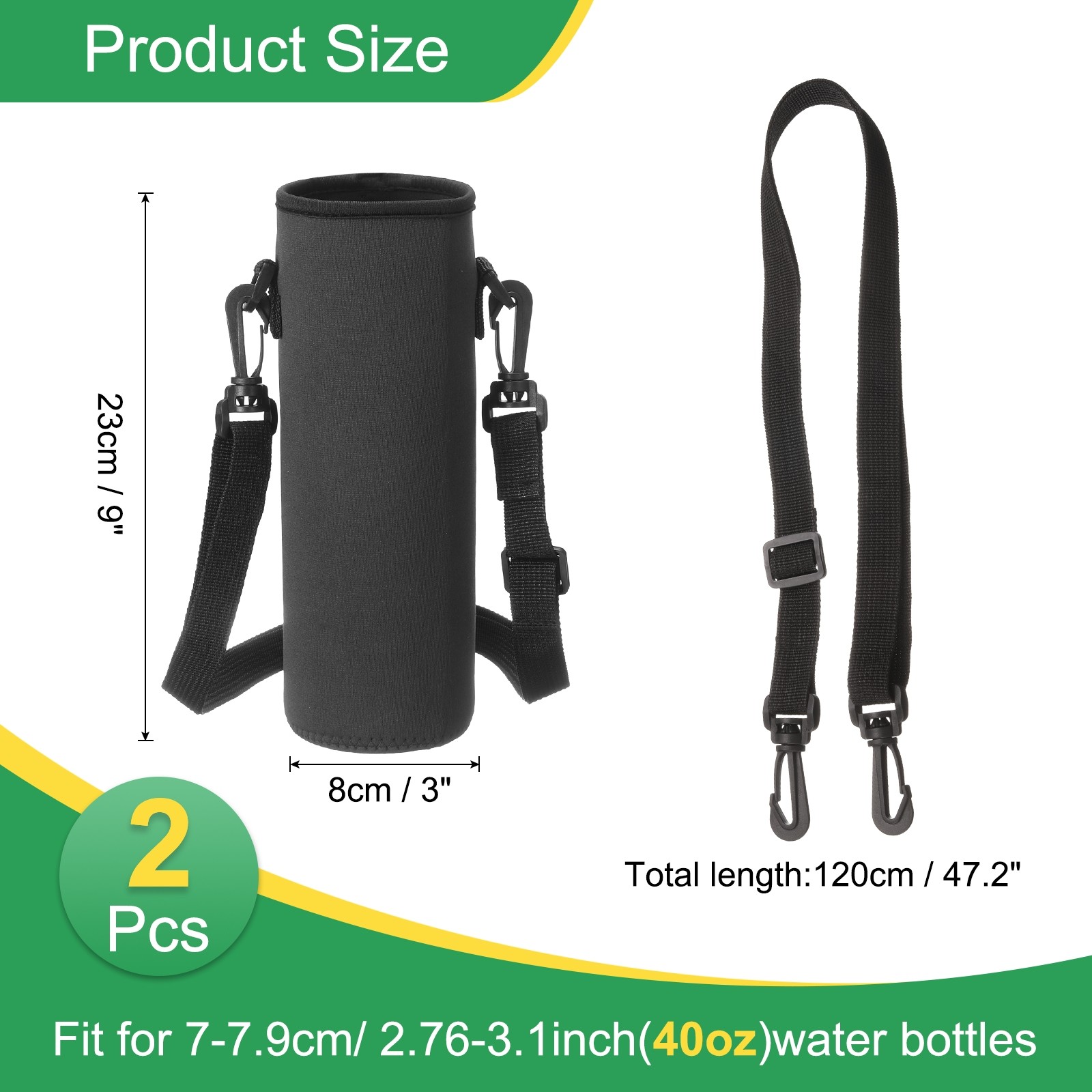 2pcs 40 oz Neoprene Insulated Water Bottle Sleeve with Strap Black