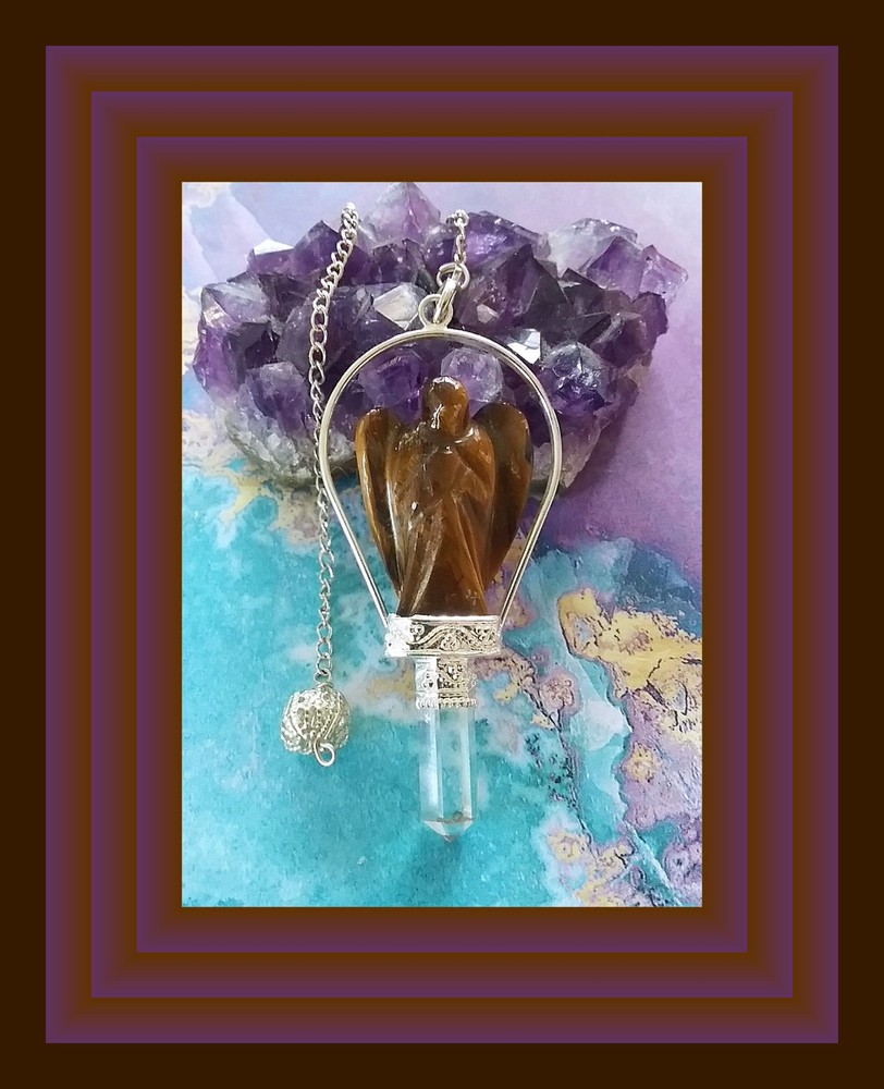 TIGER EYE DOWSING PENDULUM , ANGEL DOWSING PENDULUM with CRYSTAL QUARTZ POINT