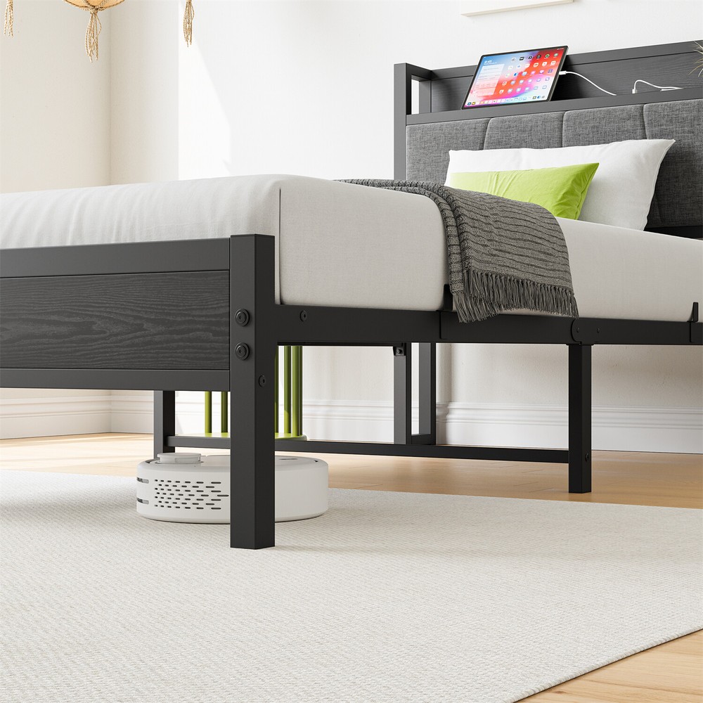 Twin/Full Size Bed Frame Metal Platform Bed Frame w/ Storage Headboard Black