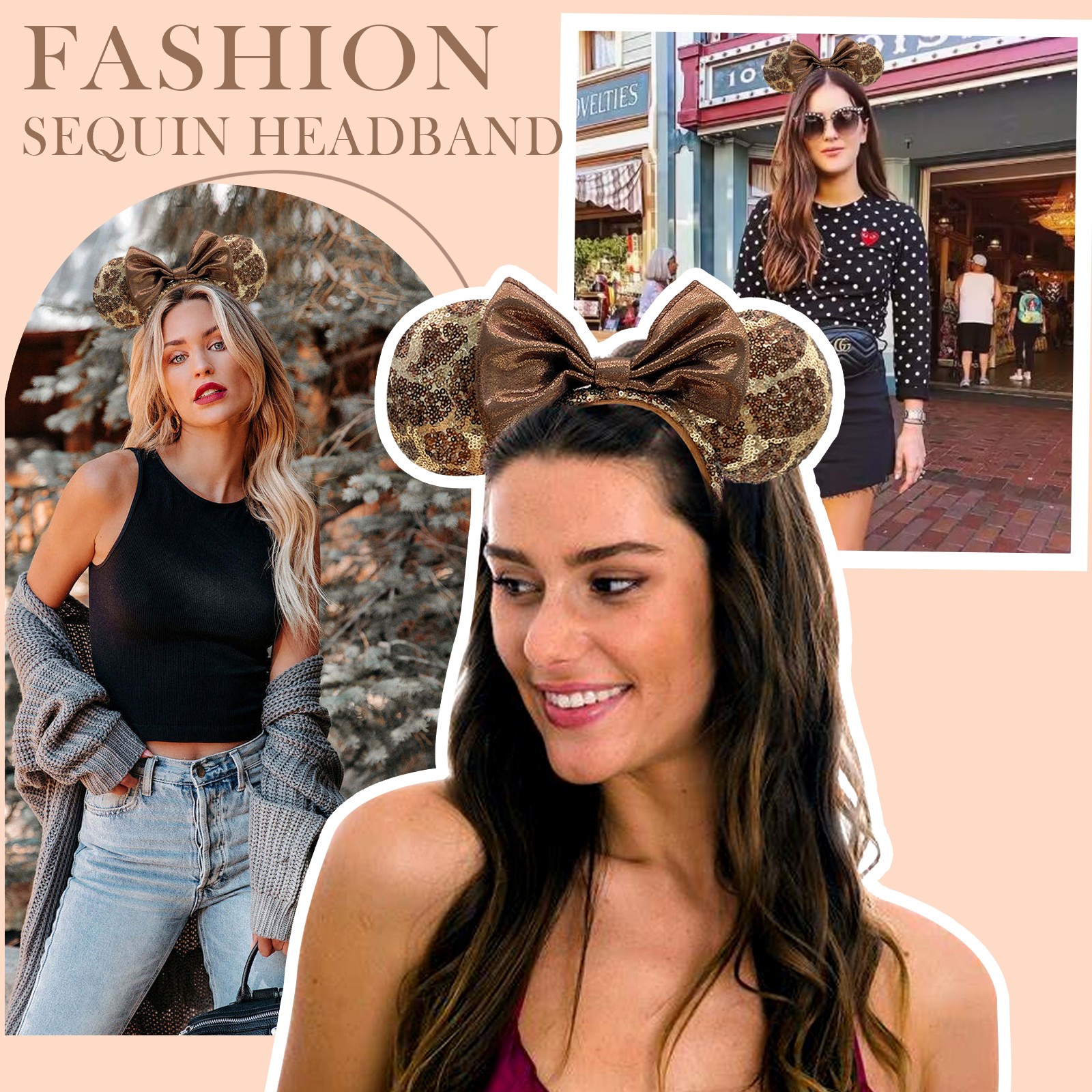 Disney` Parks Minnie Mickey Ear Giraffe Print Sequin Animal Kingdom Headband NWT