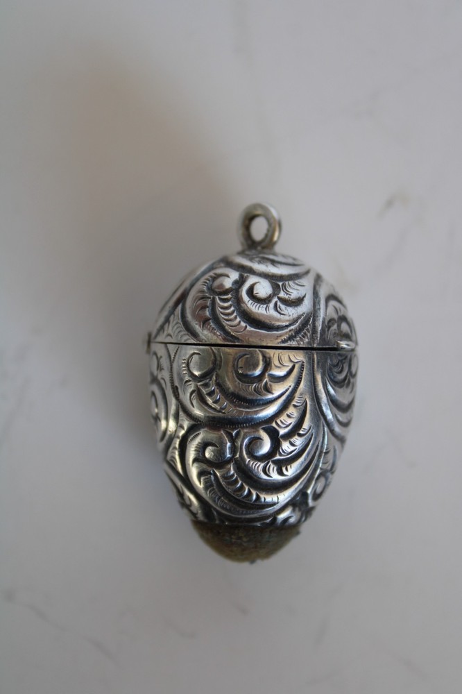 Antique Sterling Silver Repousse Sewing Chatelaine Egg Thimble Case & Pincushion