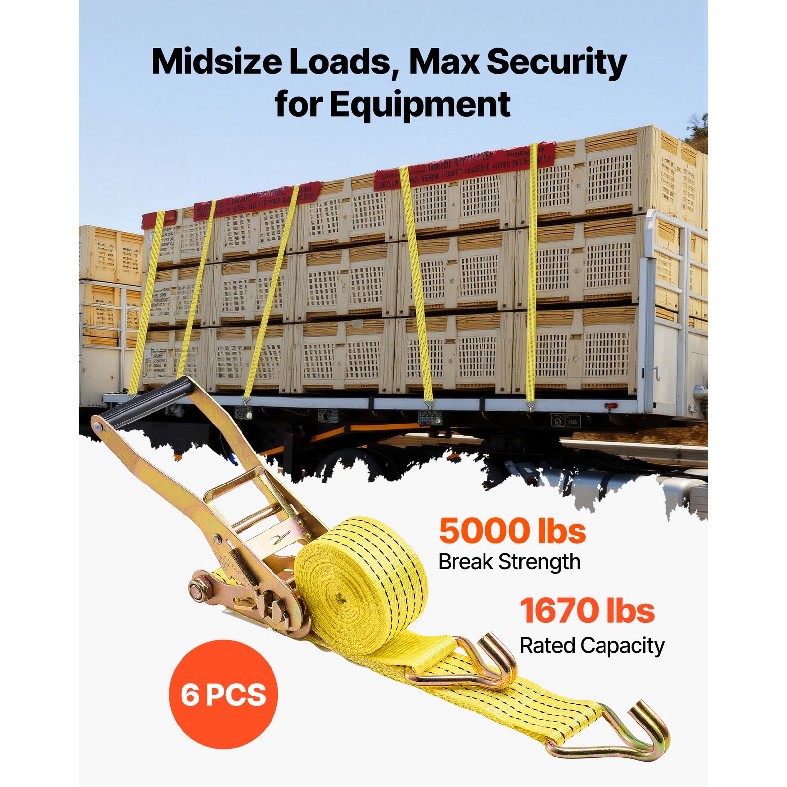 Uimoso 6 Pack Ratchet Straps 2" x 15' with Double J Hooks, 5000 lbs Capacity