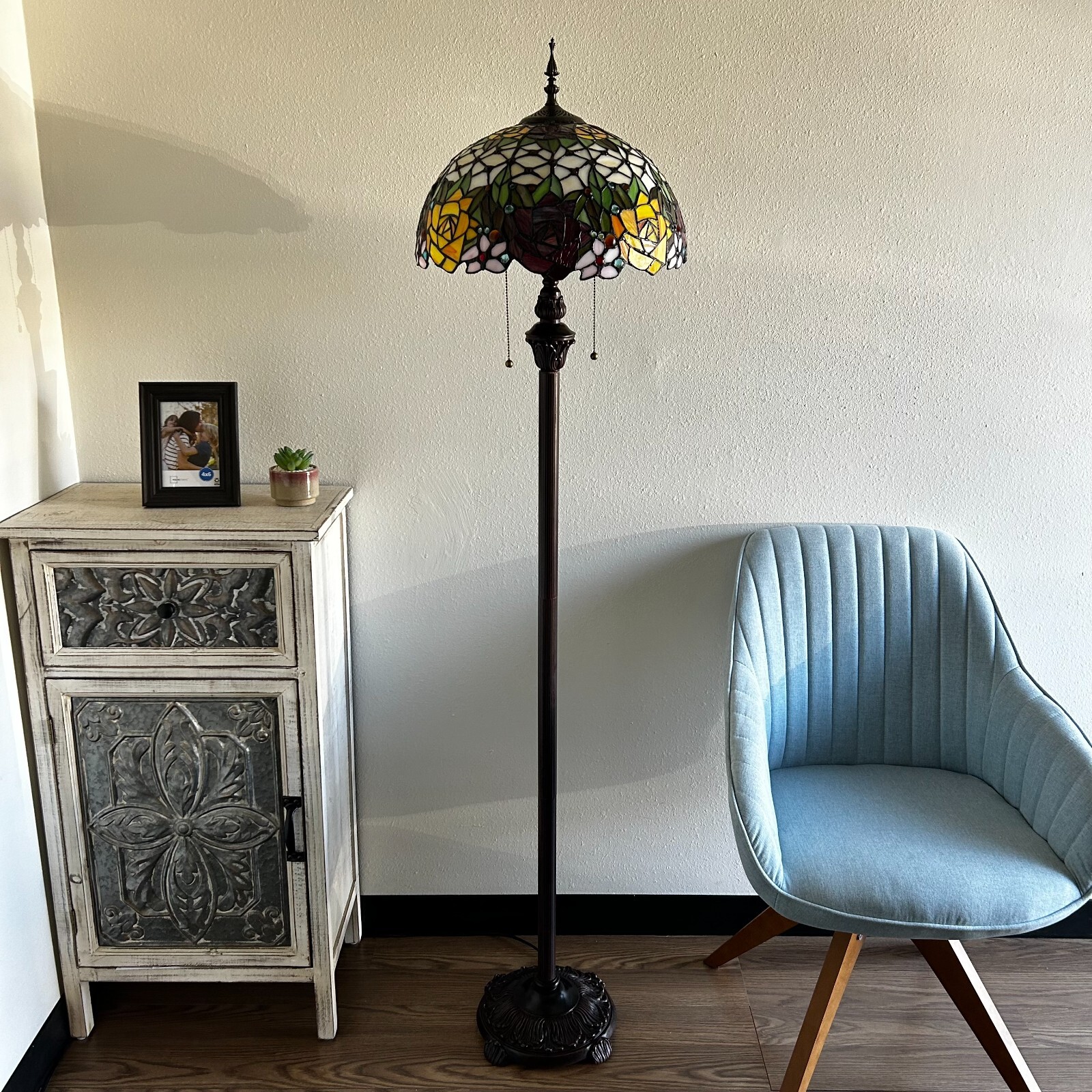 Tiffany Style Floor Lamp Stained Glass Rose Flower Metal Base LED Bulbs 64"H16"W