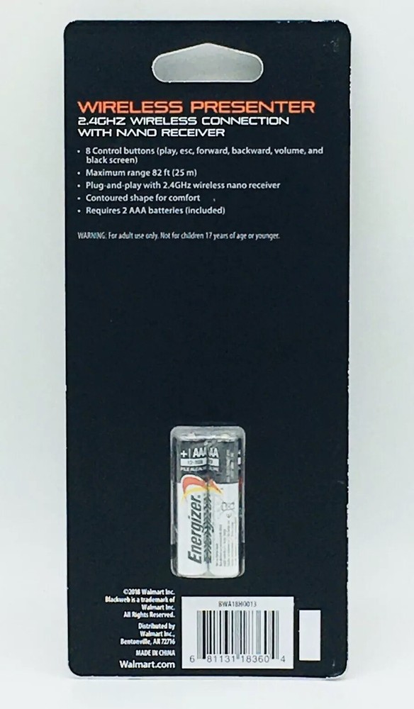 BlackWeb 2.4GHz Wireless Presenter 82 ft. Range Laser Pointer Control Powerpoint