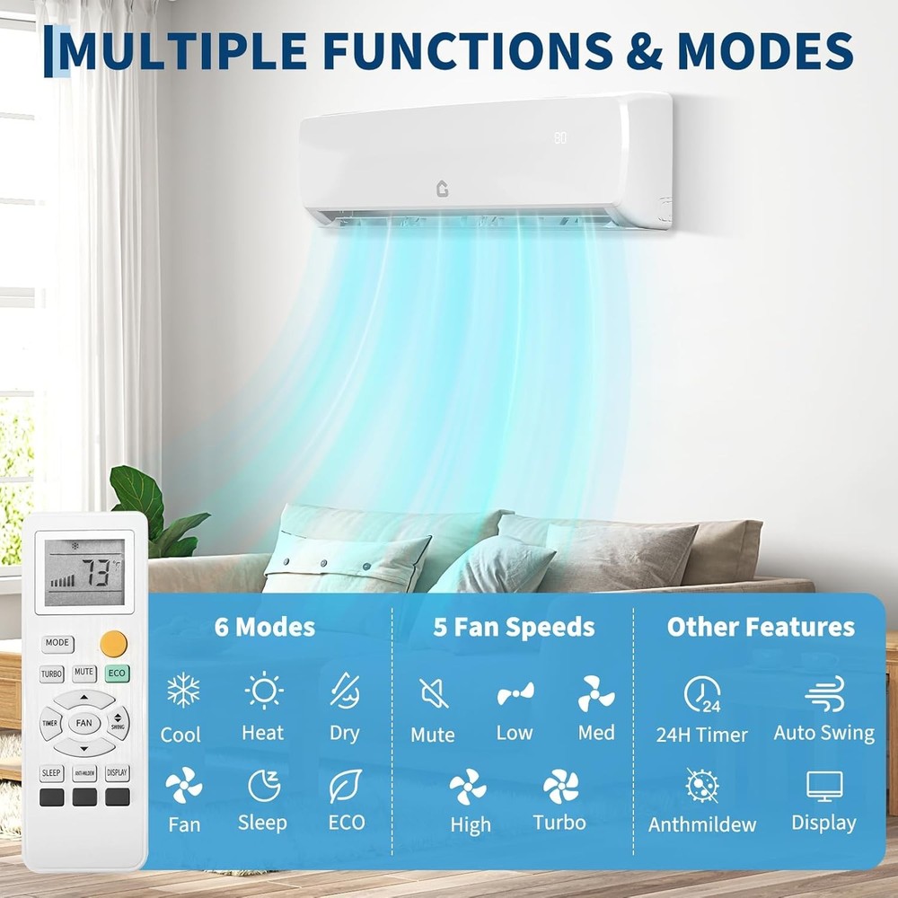 12000 BTU Ductless Mini Split Air Conditioner Heating & Cooling Systems 19 SEER2