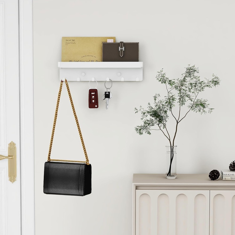 Wall Mount Rustic Key Mail Organizer with 6 Hooks and Shelf White Metal
