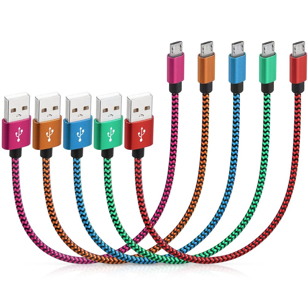 Short Micro USB Cable 5-Pack, 1ft Braided Android 1 Foot, Multicolored