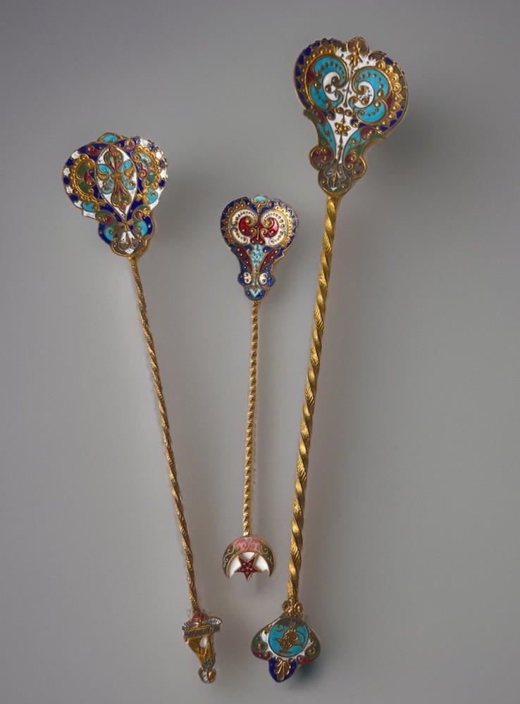 French Champleve Enameled 3 Piece Spoon Set