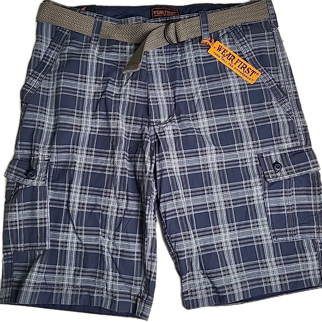 NWT Wear First  Mens 36 Y2K/2000s BAGGY PLAID CARGO  SKATE SHORTS Blue Belted