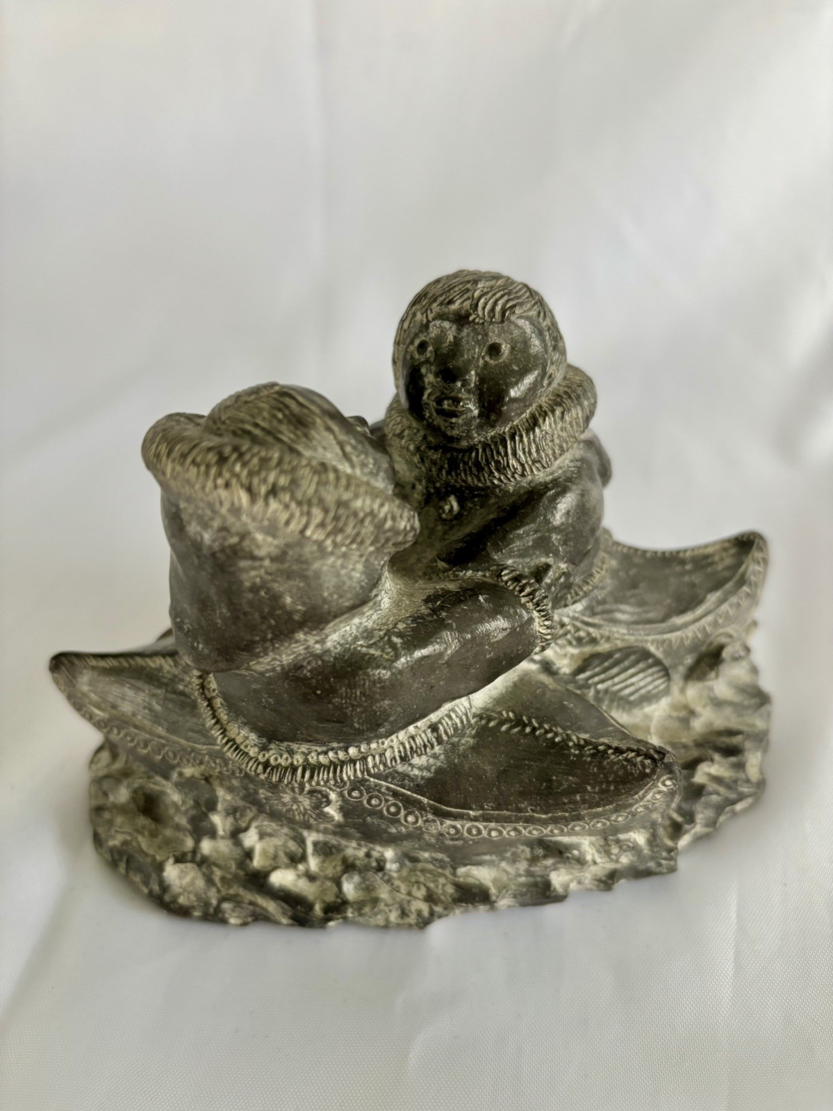 A Wolf Original Soap Stone Sculpture Inuit Man and Woman Canoes 5” Figurine