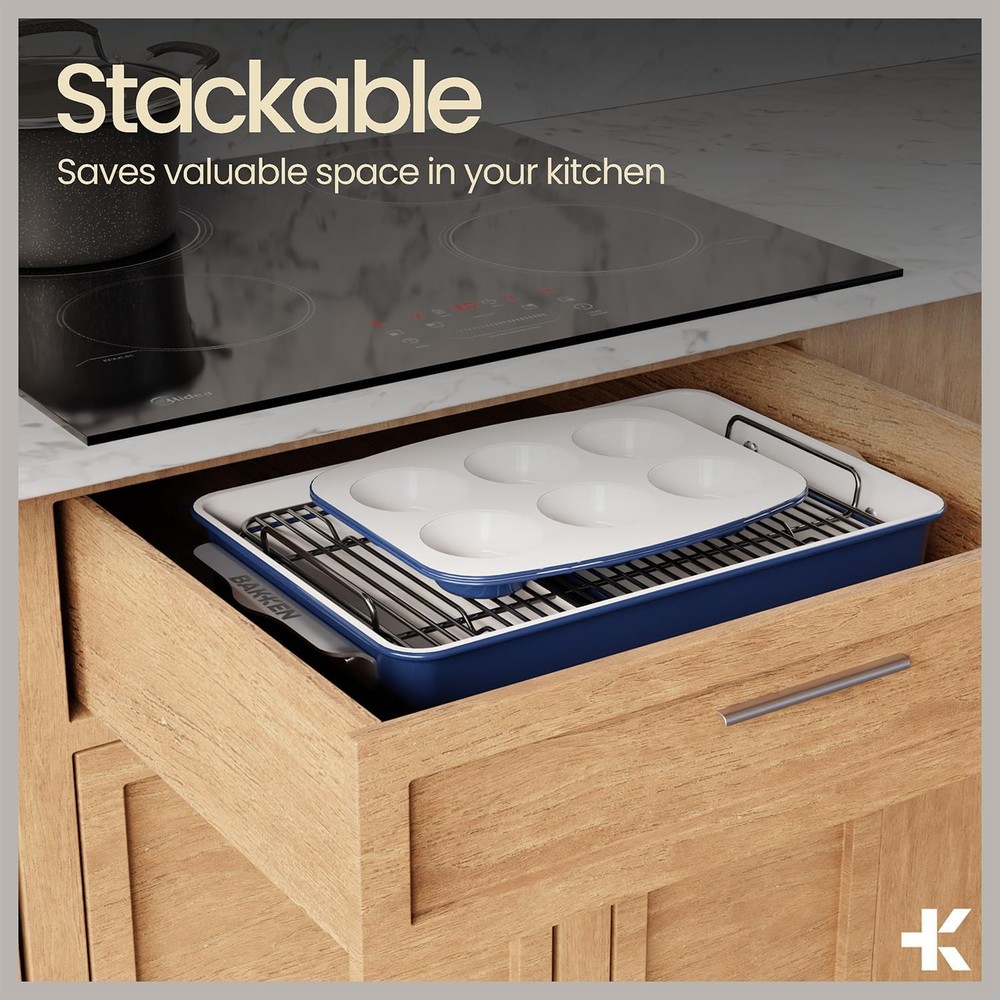 8-Piece Stackable Bakeware Set Ceramic Non-Stick Coating Baking Sheets Durable