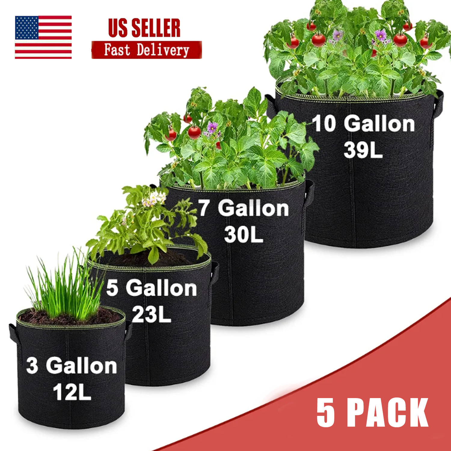 5 Pk Plant Grow Bags Fabric Pot Nursery Soil Bag with Handles Thickened Nonwoven
