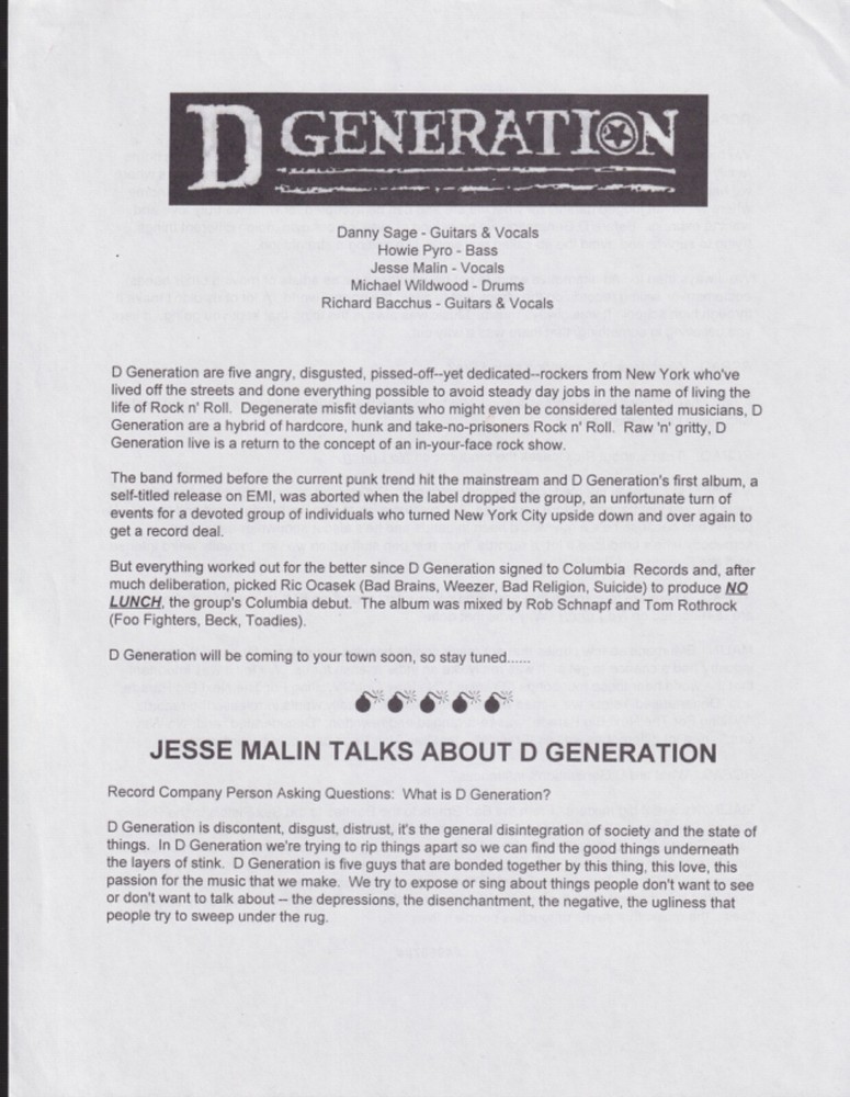 d generation press release  no lunch Jesse malin