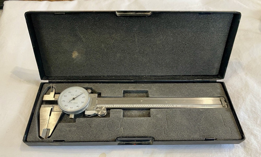 0- 6" Stainless Dial Caliper .001" Shock Proof Precise White Face With Box