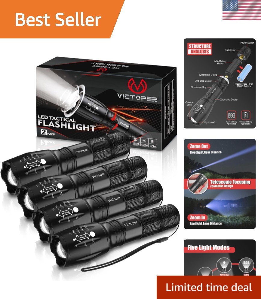 Compact 4-Pack LED Flashlights - 2000 Lumens, Waterproof & Adjustable Modes
