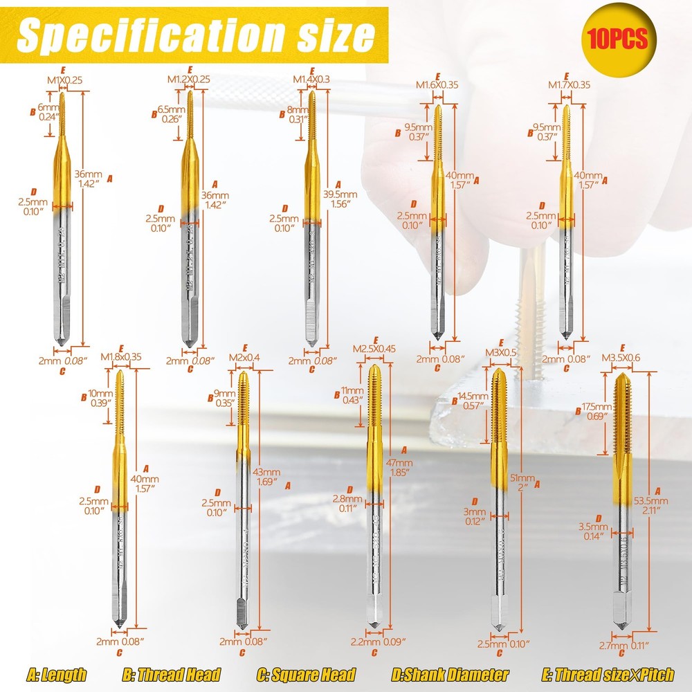 10pcs Micro Metric Taps Bits Set with Tap Wrench M1-M3.5 Machine Screw Thread