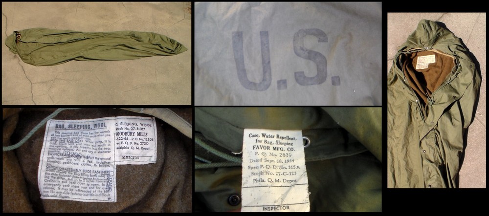 Old US WW2 era M-1944 Suicide Sleeping Bag & Two Blankets & 1943 Duffel Bag USED