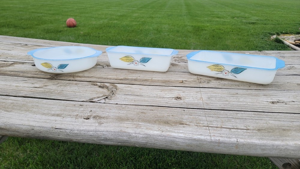 Vintage Fire King Biscayne Oven Ware Blue 3 Peice Set Dishes Bakeware