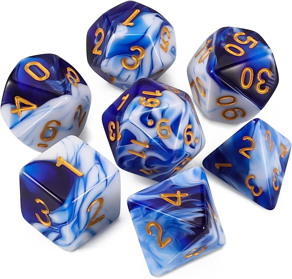 7 Pcs DND Dice Set Blue White Polyhedral RPG Dice with Bag for Dungeons Games