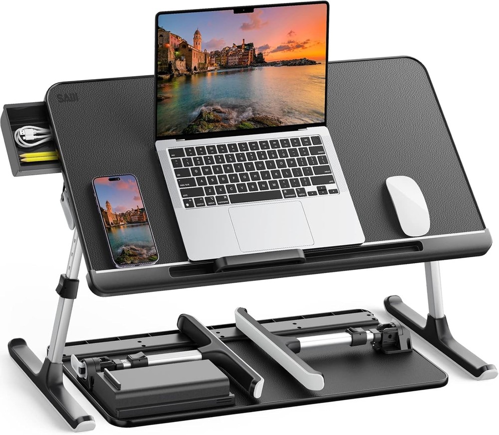 Portable Standing Desk with Storage Drawer,Adjustable PVC Leather Bed Table