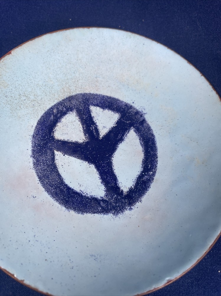 Blue Enamel Over Copper Peace Sign Dish Signed