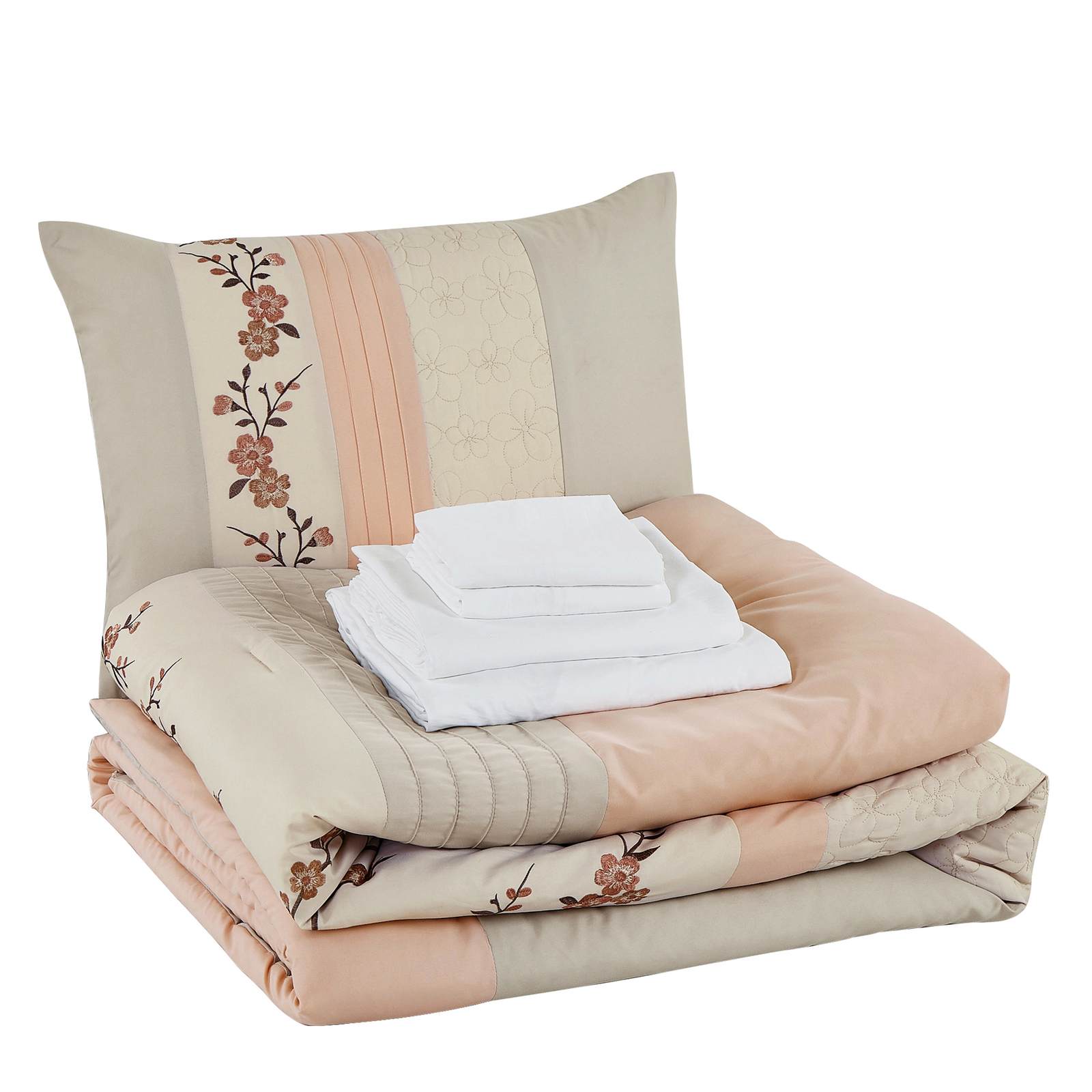 Chezmoi Collection 7-Piece Bed in a Bag Cherry Blossom Embroidery Comforter Set