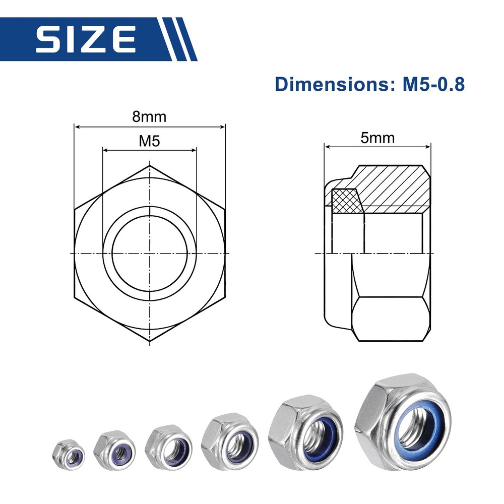 200Pcs Nylon Lock Hex Nuts - [M5-0.8], 304 Stainless Nuts, Silver