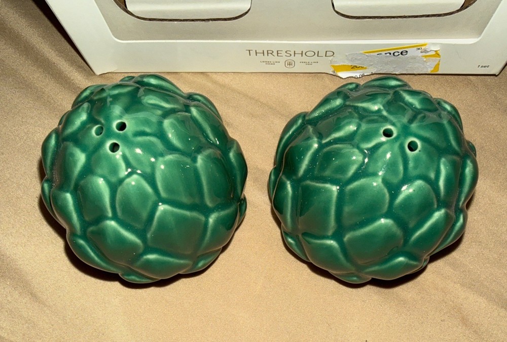 Threshold Salt & Pepper Shaker Set Green Stoneware Artichoke Kitchen Table Decor