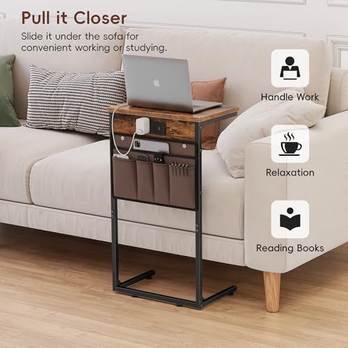 C Shaped End Table with Charging Station, 28" Tall Side Table for Couch, Sofa