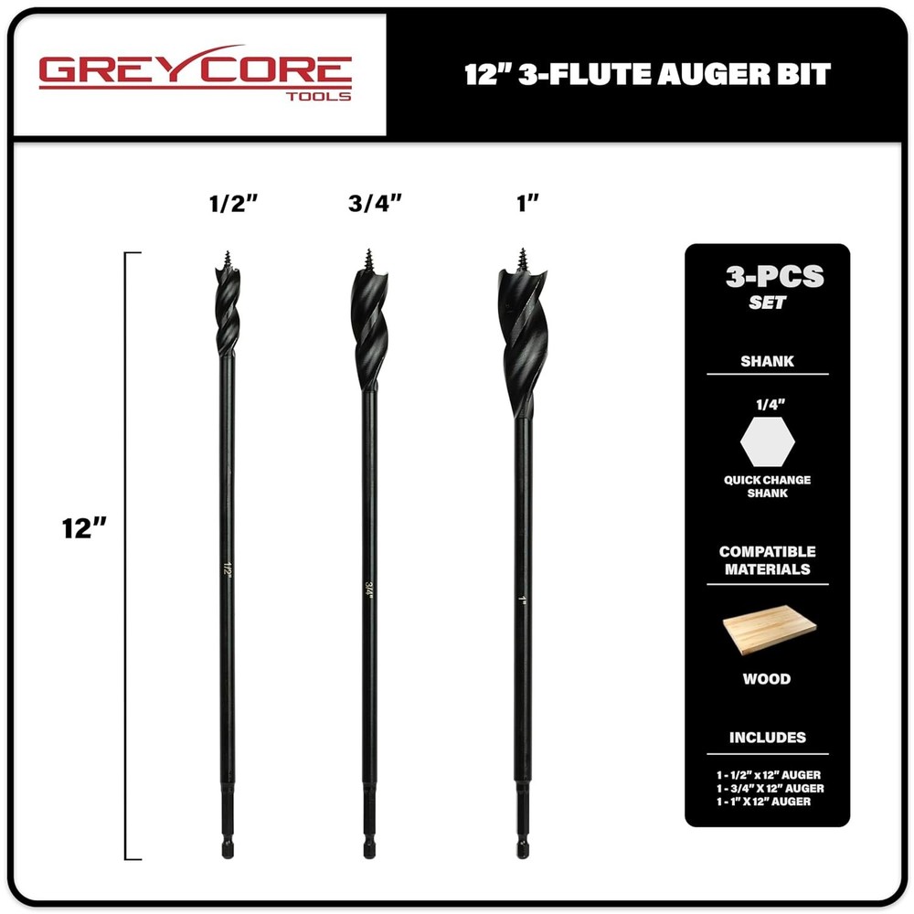 Versatile 3-Piece 12" Auger Bits for Wood - Precision Engineering & Design