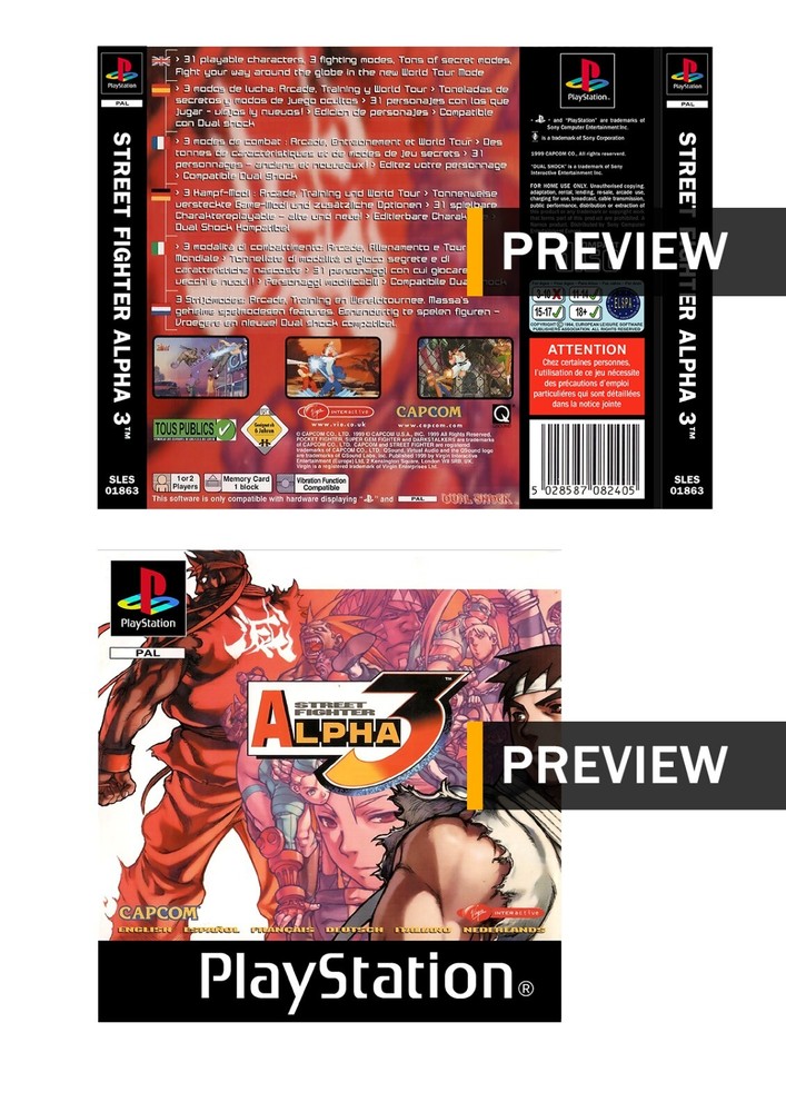 Street Fighter Alpha 3 -  PlayStation PS1 Replacement Inlay Covers Front Back