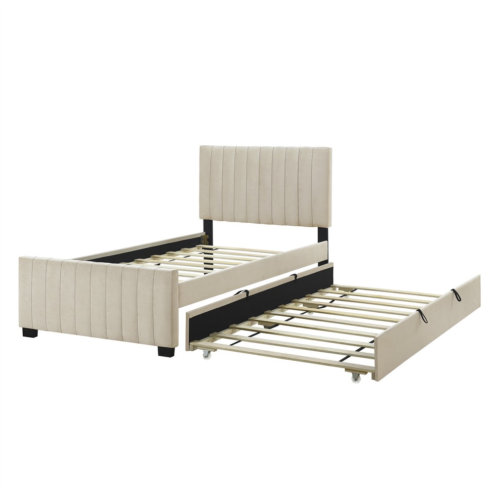 Twin Size Bed Frame Upholstered Platform Bed with Pull Out Trundle Beige/Pink
