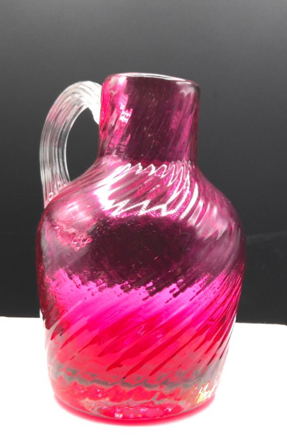 Mini Hand-Blown Cranberry Glass Jug with Handle Unsigned