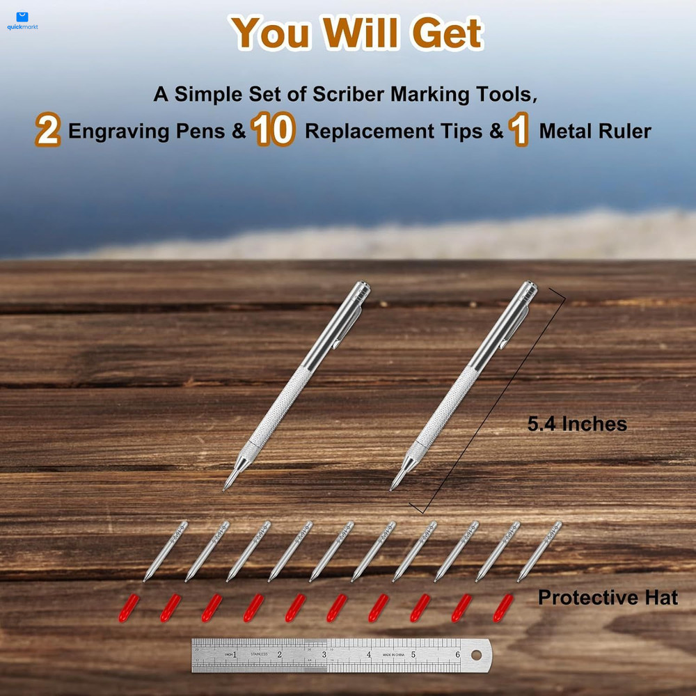 2 Pack Tungsten Carbide Tip Scriber Tool with 10 Refills 1 Ruler, Silver