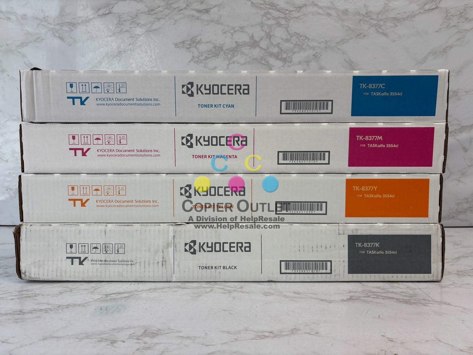 4 Genuine Kyocera TASKalfa 3554ci Cyan, Mag, Yellow & Black Toners TK-8377 CMYK