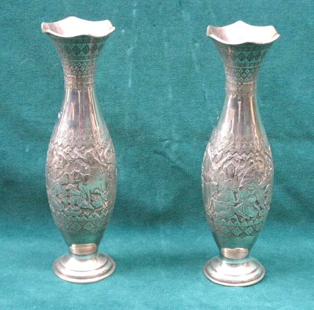 Ali Baba Pair Fine 84 Sterling Silver Middle Easter 11"1/2 H Vases