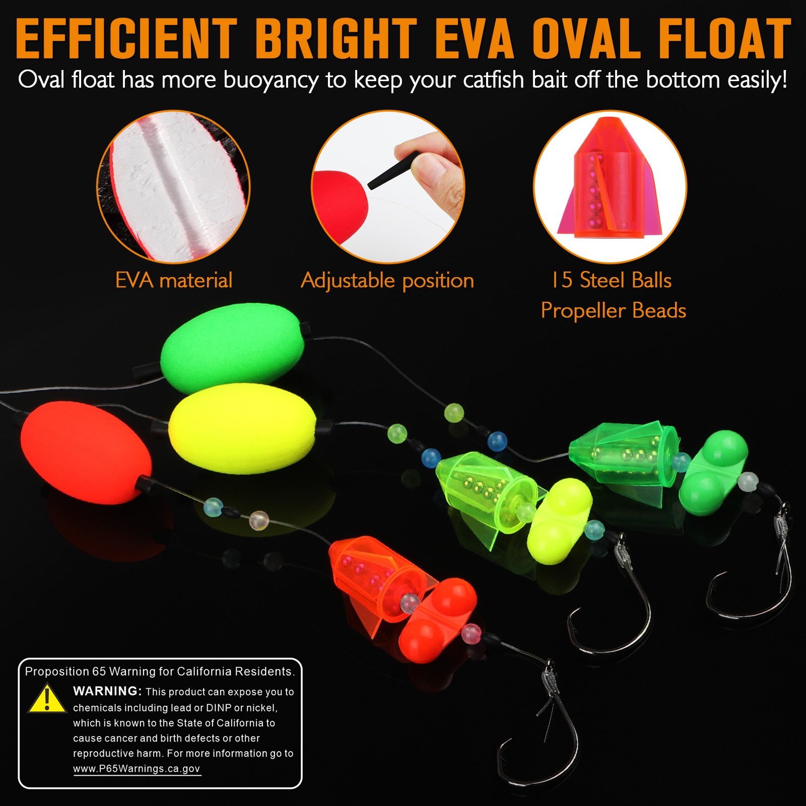 Dovesun 6PCS Catfish Rigs with Oval Float, 8/0 Hook, Double Rattle Beads & Bells