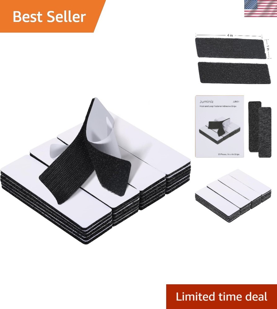 Heavy Duty Black Adhesive Hook & Loop Strips - 20 Sets for Organizing & Mounting