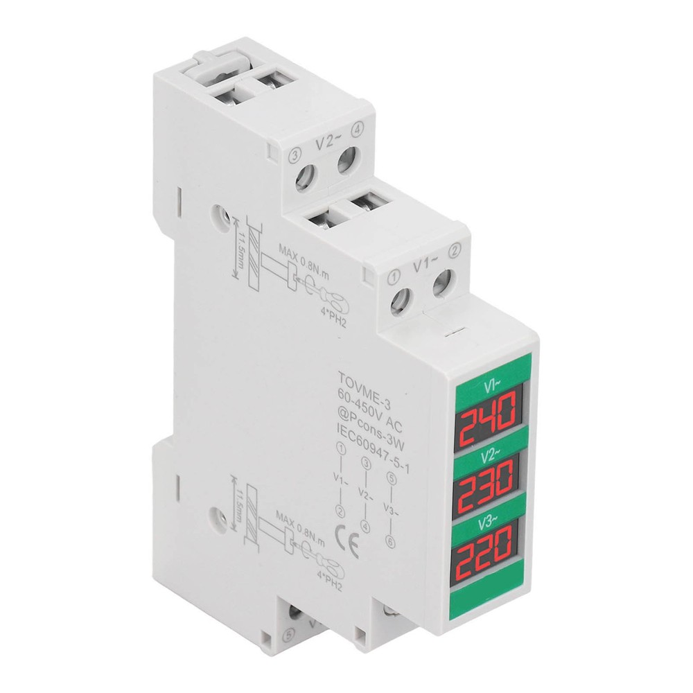 3-Phase AC Voltmeter Din Rail Mount Digital Voltage Meter Electric Power Meter