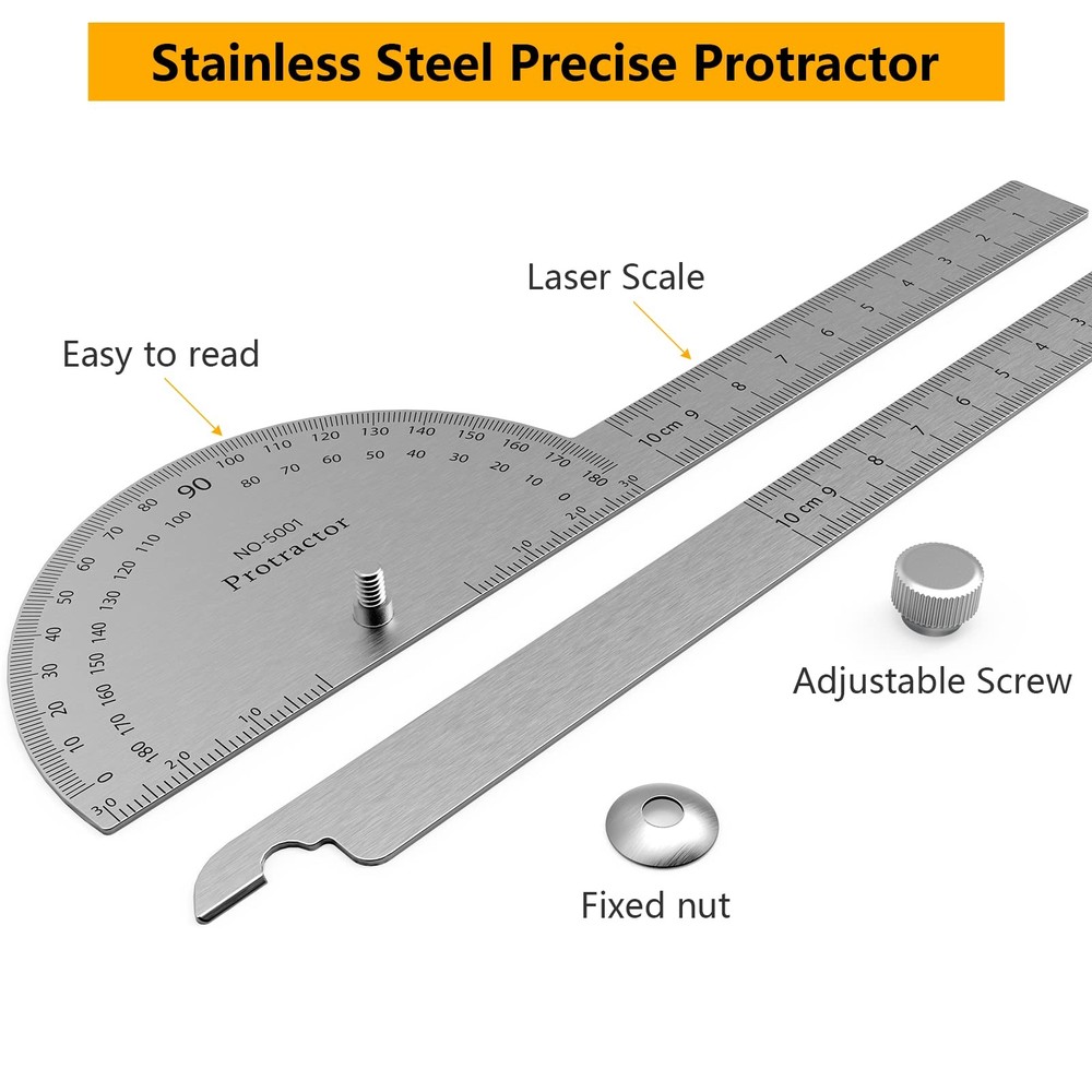 Stainless Steel Protractor 180 Degrees Two Arm Ruler Adjustable Angle Protrac...