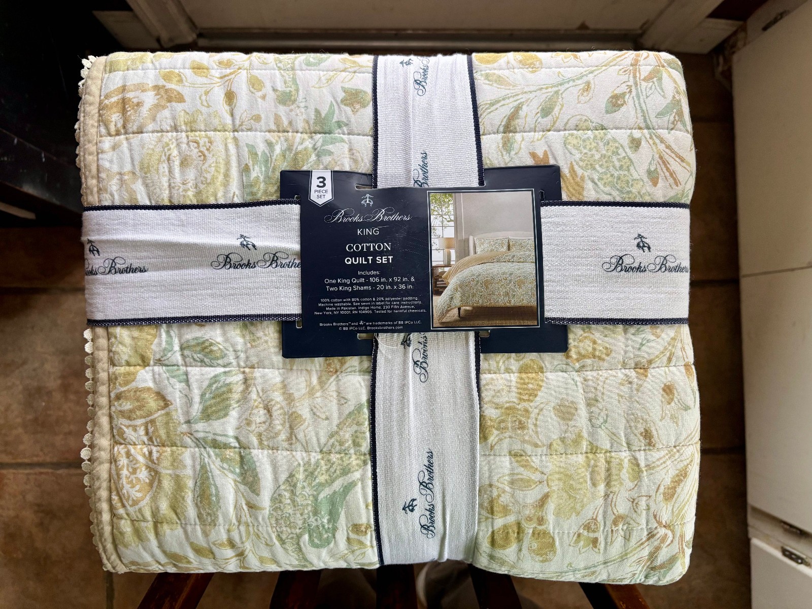 NEW Brooks Brothers Floral Bird King Size Cotton Quilt Set Scallop Border