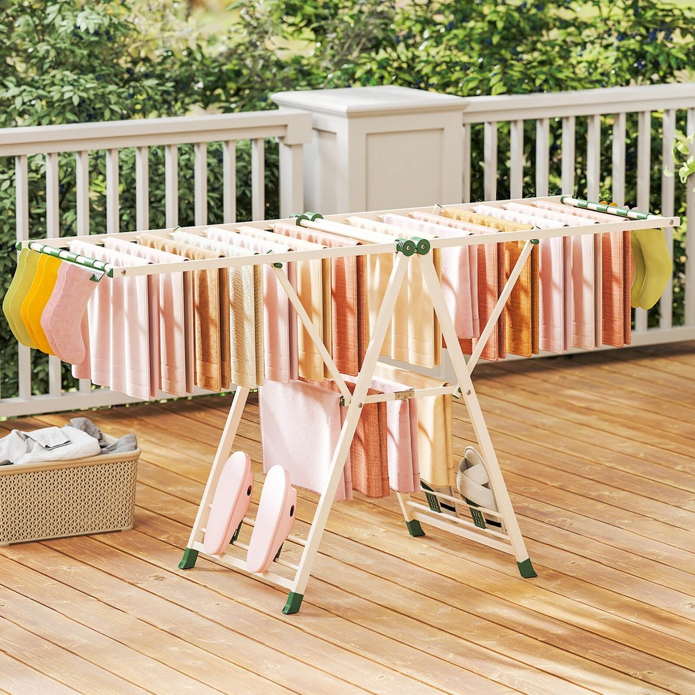 Foldable Metal Laundry Drying Rack w/Height Adjustable Wings, 20 Drying Rails