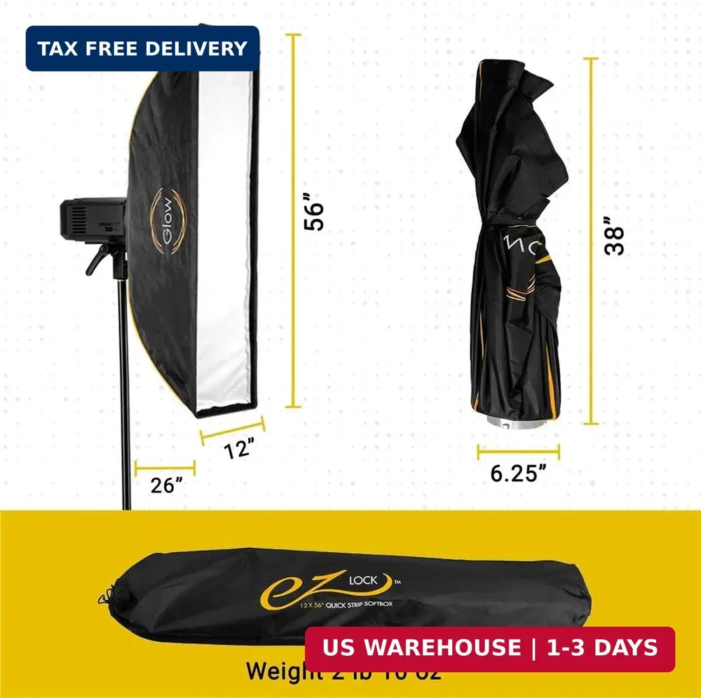 Glow EZ Lock 12x56 Quick Strip Rectangular Bowens Mount Softbox w/External, Inte