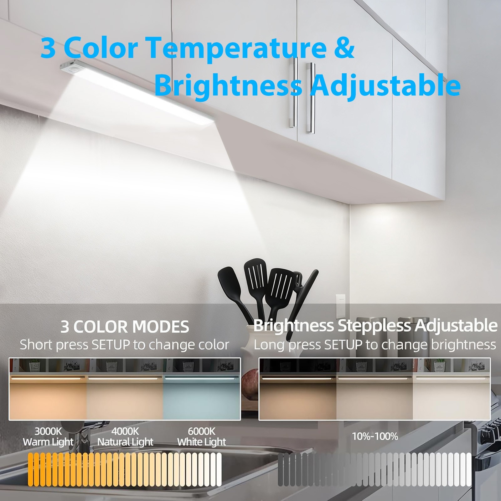 3-Pack LED Under Cabinet Lamp, Rechargeable Motion Sensor, 3 Color Dimmable